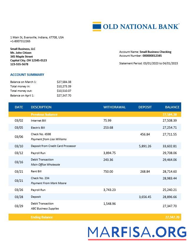 Blank Old National Bank organization account statement Word and PDF template